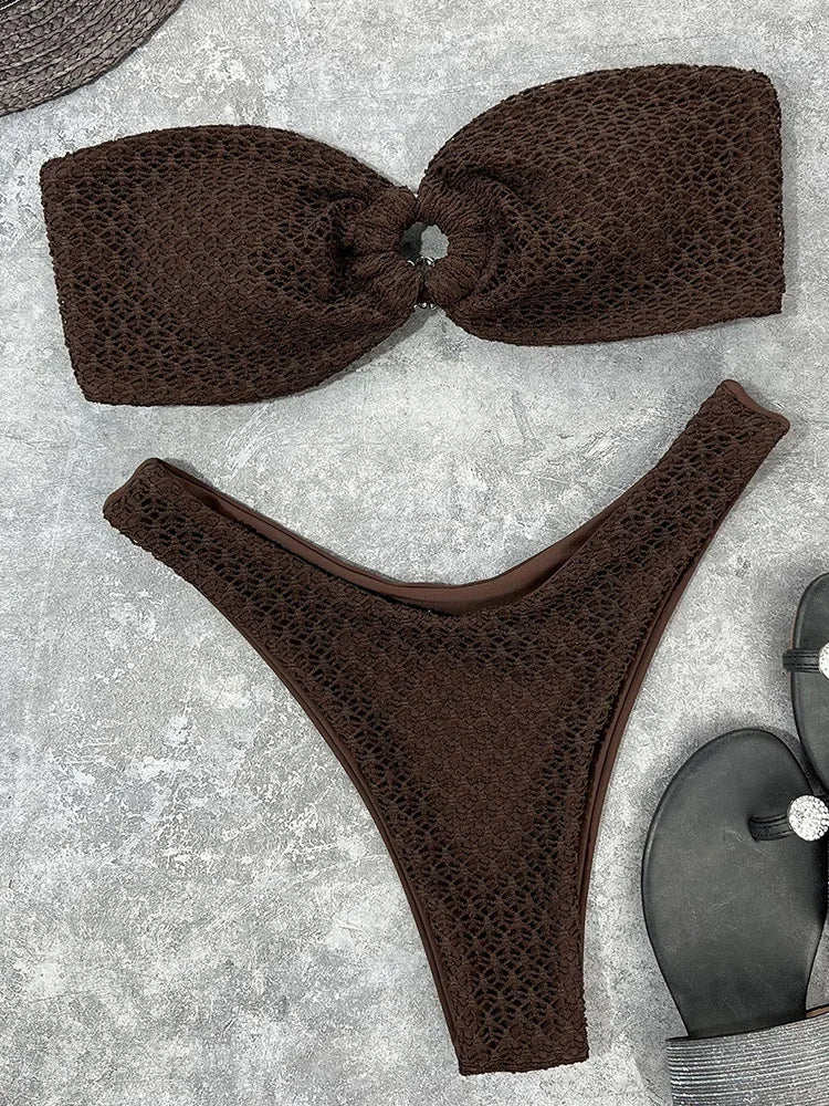 Sexy Fishnet Strapless Bandeau Bikini Women Swimsuit Female Swimwear Two-pieces Bikini set High Cut Bather Bathing Suit Swim