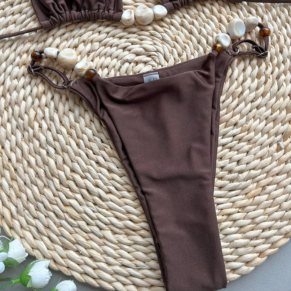 Shiny Halter High Cut Beads Bikini Women Swimwear Female Swimsuit Two-pieces Bikini Set Bather Bathing Suit Swim Lady Beach Wear