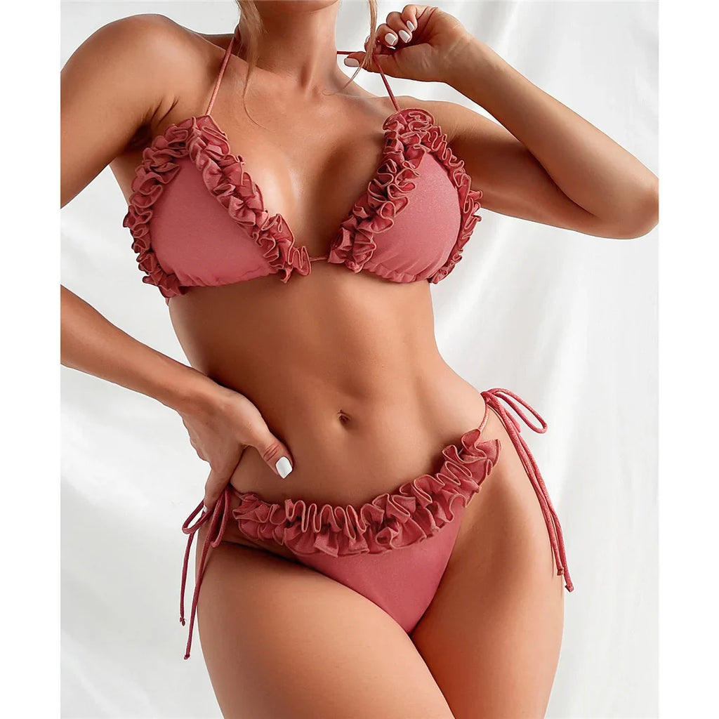 XS - L Shiny Frilled Halter Strappy Bikini Women Swimwear Female Swimsuit Two-pieces Bikini set Bather Bathing Suit Swim K7061