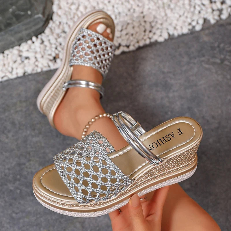 Hollow Out Gold Wedge Heels Sandals Women Plus Size 43 Chunky Platform Slippers Woman Summer Slip On Weave Thick Sole Sandles
