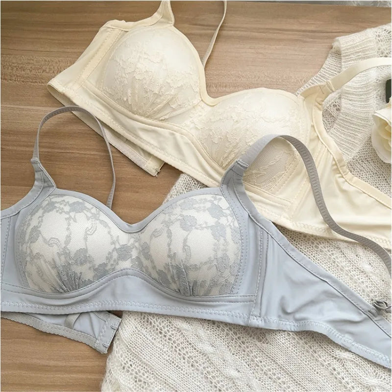 Summer Lace Half Cup Bra Small Bust Beachwear Gathering Light Support Pure Bralette Ultra Thin Wirefree Set AU MOYISU S-XL-32-38