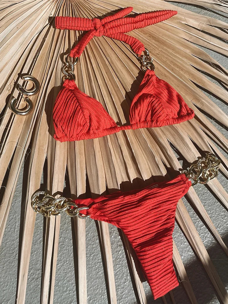 Halter Ribbed Metal Chains Diamond Bikini Women Swimsuit Female Swimwear Two-pieces Bikini Set Bather Bathing Suit Swim Lady