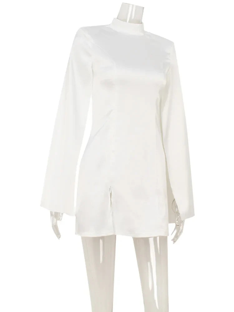 Ahagaga Eelgant Mini Dresses For Women Solid Long Flare Sleeves Turtleneck Sheath Satin Fashion Split Party Slim Fit Female Robe