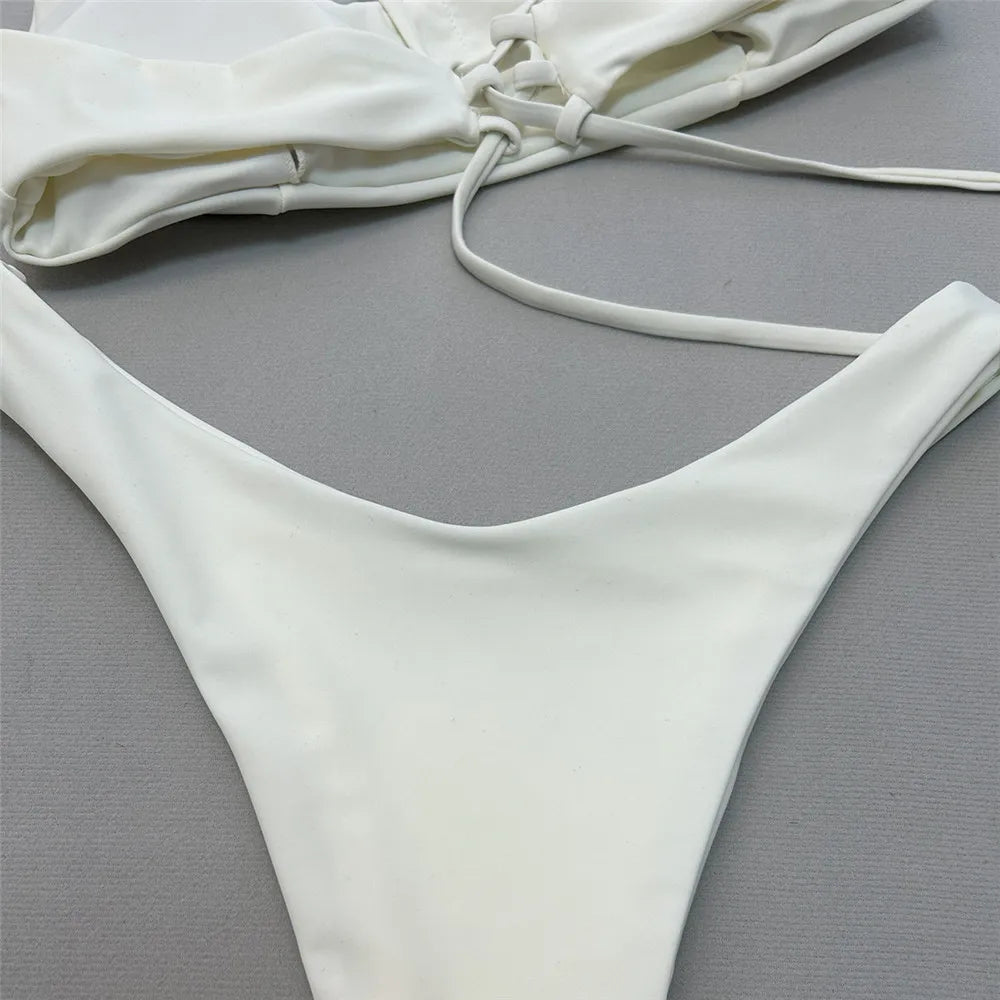 Brown Bandeau Micro Bikini Set Back String Lace-up Sexy Swimsuit Solid Swimwears Woman 2026 High Cut Bathing Suit Bikinis Femmes