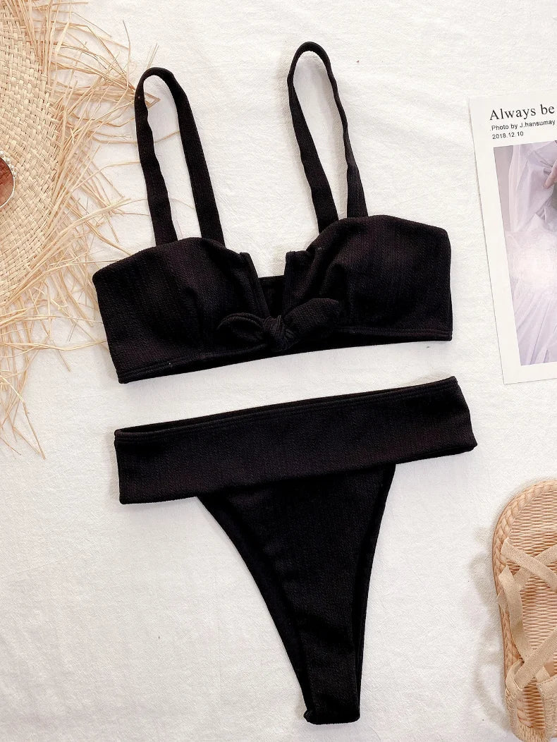 2026 Sexy Bikini Women V-neck Bowknot High Waist Black Swimwear Swimsuit Bikinis Set Bathing Suit Bikini Female Push Up Biquinis