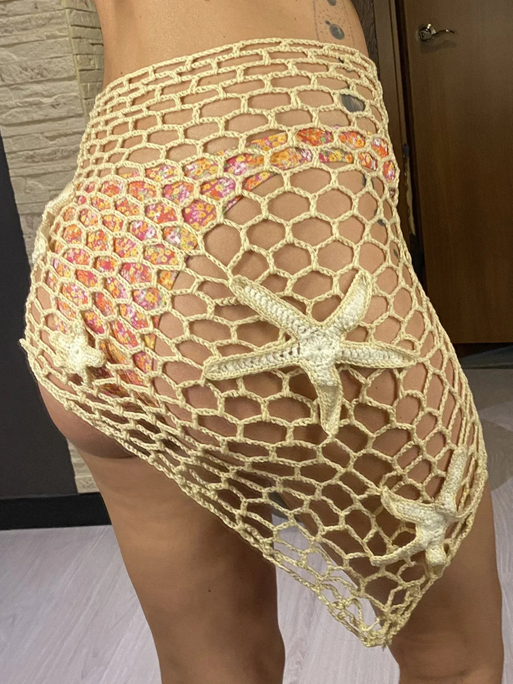 New 3D Star Hollow Out Crochet Knitted Sarong Pareo Beach Dress Beach Wear Beachwear Beach Cover Up Cover-upsFemale Women V7309