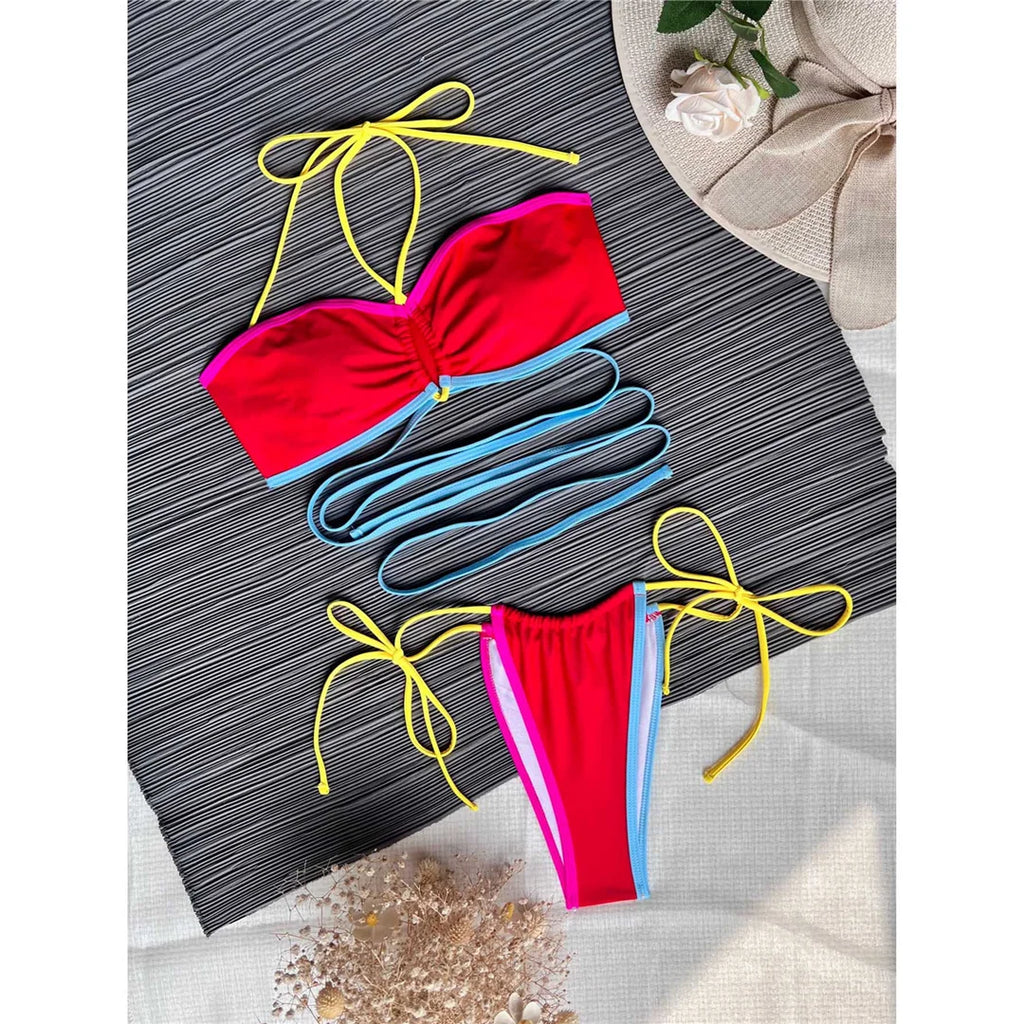 Splicing Wrap Around Bandage Halter Bikini Female Swimsuit Women Swimwear Two-Pieces Bikini Set Bather Bathing Suit Swim V3882