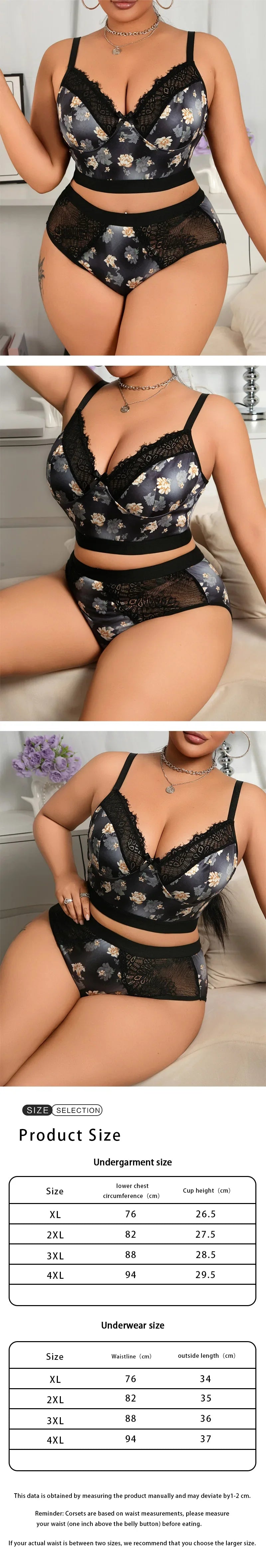 Plus Size Seamless Lingerie Set, Sexy Lace Print Open Back Cami Bra with Built-in Pads for Full Bust Support