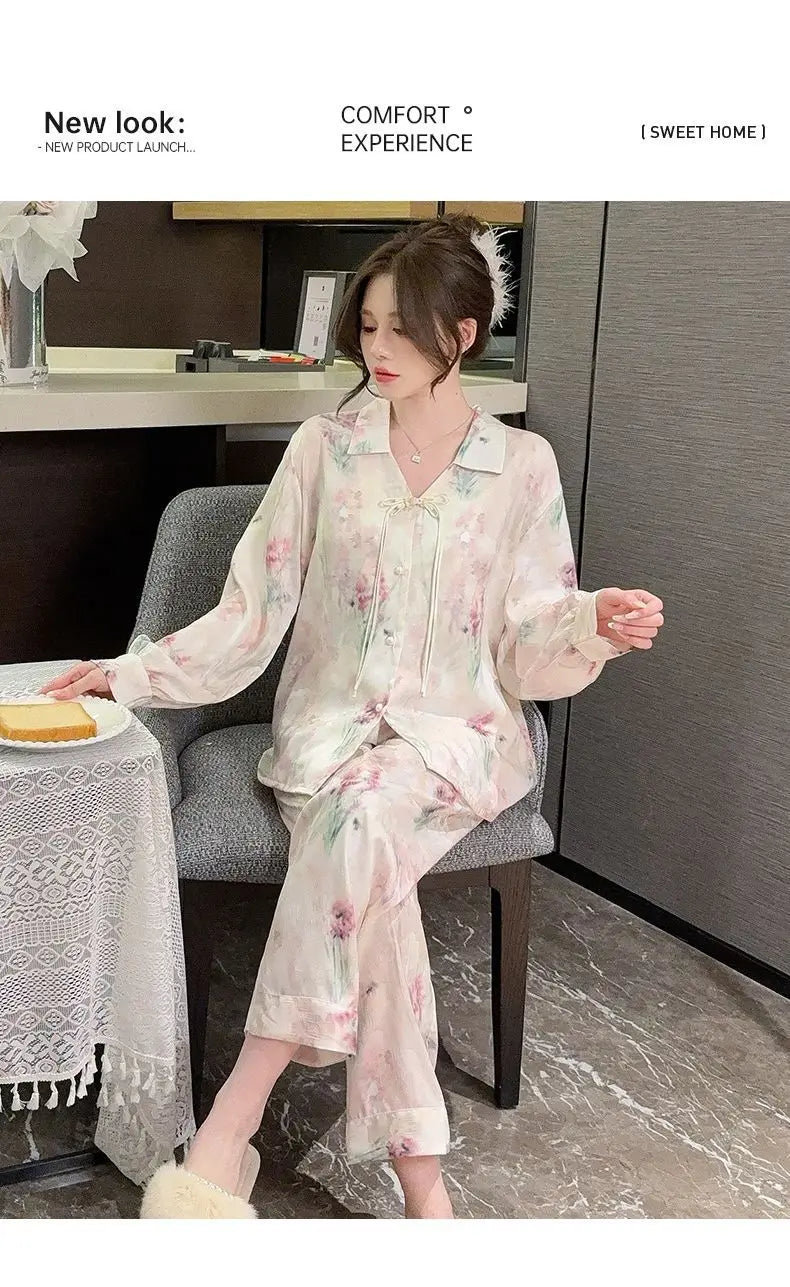 Spring and summer new Chinese style pajamas, ice silk long sleeves, large size home clothes set, retro buckle home clothes
