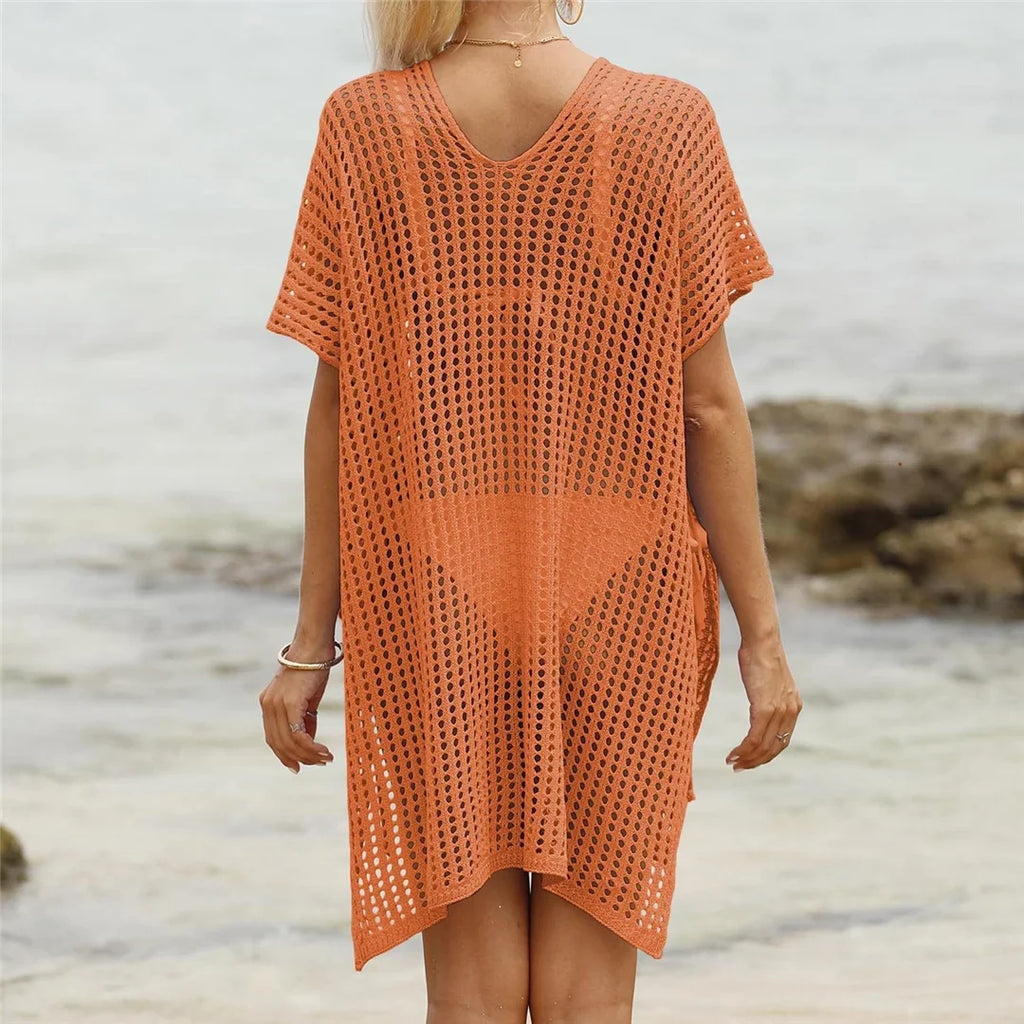 Short Sleeve V Neck Hollow Out Crochet Knitted Tunic Beach Dress Beach Wear Beachwear Beach Cover Up Cover-upsFemale Women V8061
