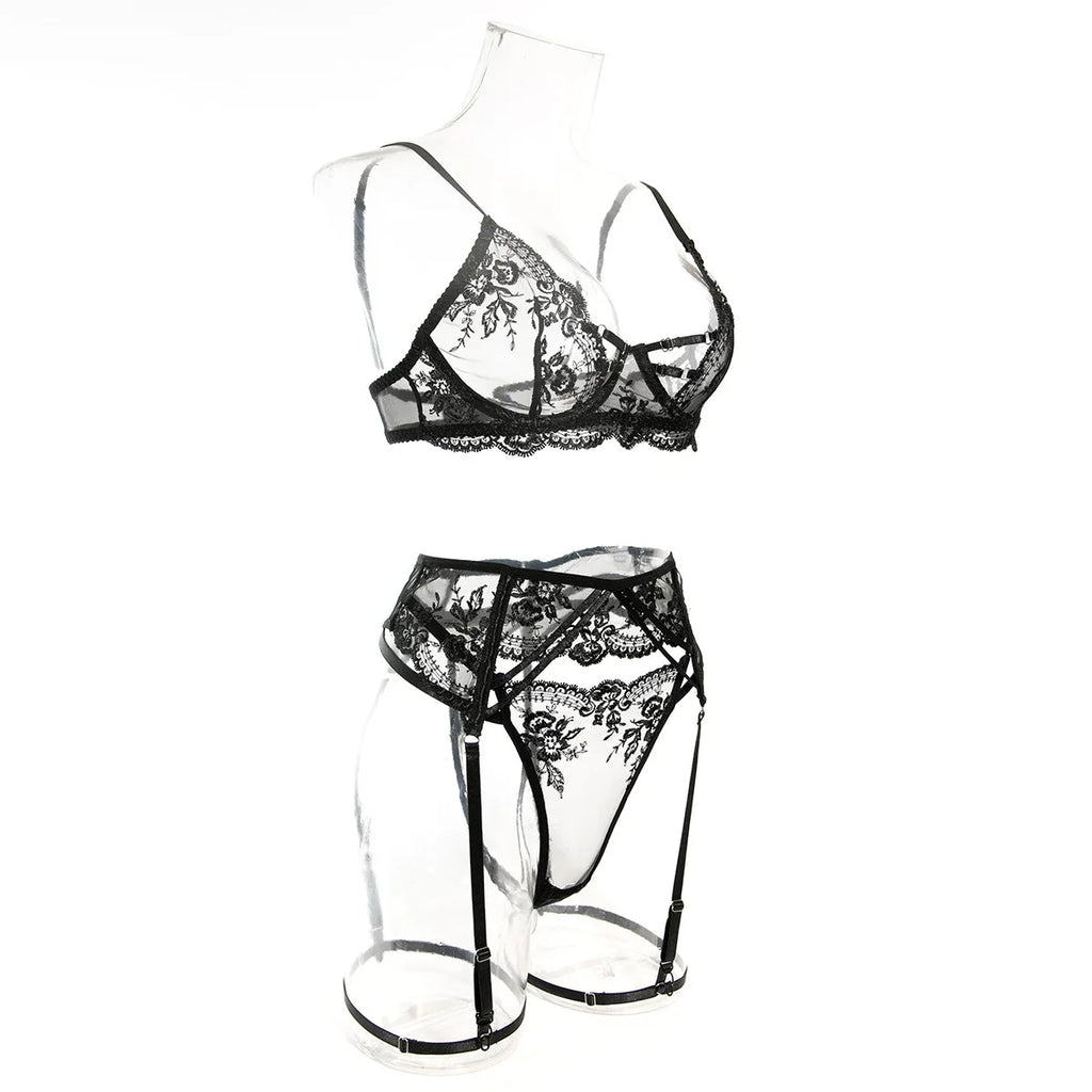 Embroidery Lingerie 3Pcs Sets Ultrathin Mesh Patchwork See Through Bras And Thongs Garter Suits Erotic Intimate Sexy Underwear
