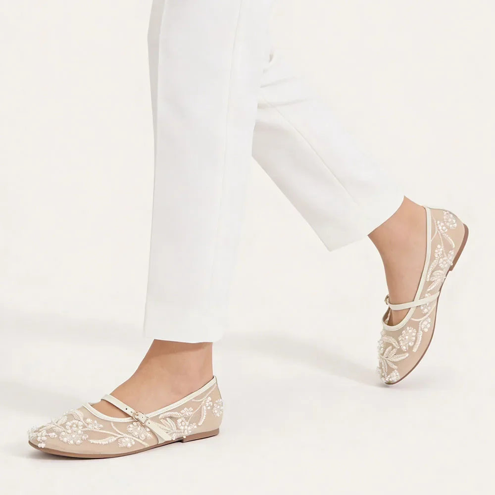 2026 Big size 42 Chic Nude Beading Flat Mary Janes Shoes Women Leisure Mesh Pearls Embroidery Comfy Walk Ballet Flats Shoes