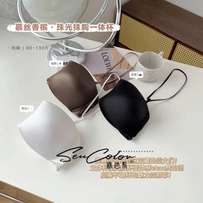 Sexy Japanese Satin Halter Bra Strapless Seamless Two-Way Wear Adjustable Comfort Back Fit Wirefree Lingerie Set S-XL MOYISU Bra