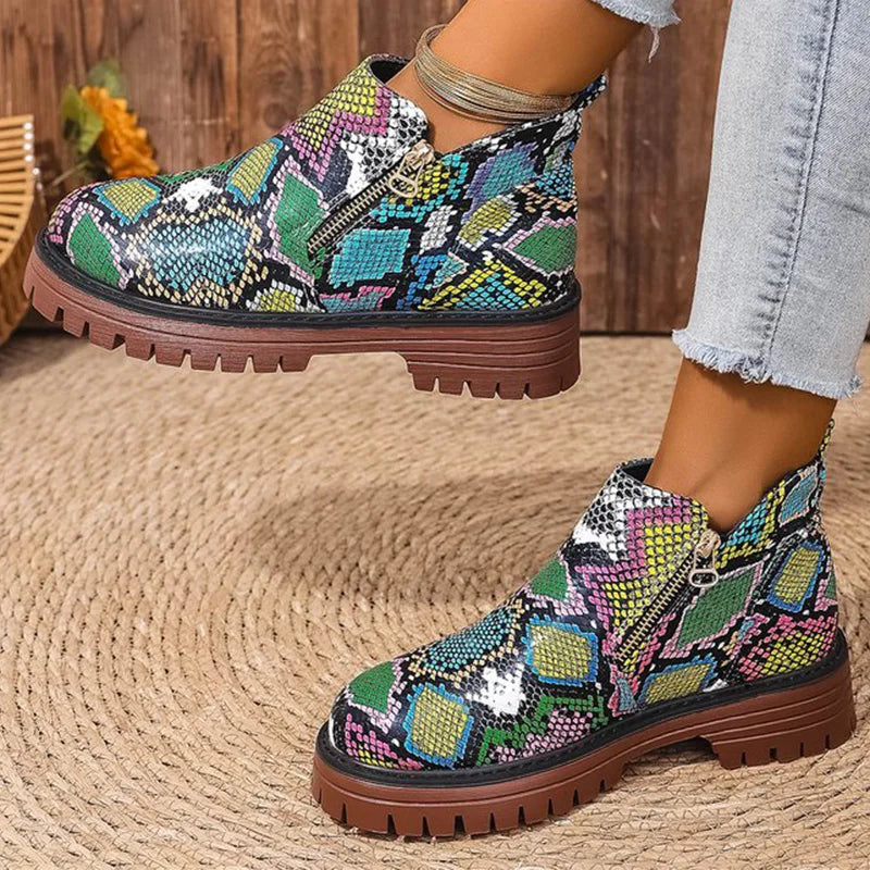 Fashion Snake Print Ankle Boots Women Spring Autumn Plus Size 36-43 Platform Boots for Woman Zipper Up Round Toe Botas Lady