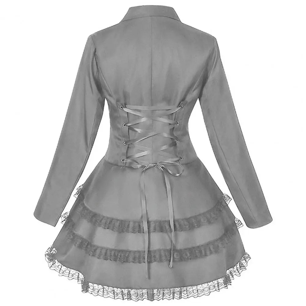 Women Double Breasted Victorian Steampunk Blazer Coat Gothic Tuxedo Tailcoat Jacket with Lace Hem Halloween Uniform Costume