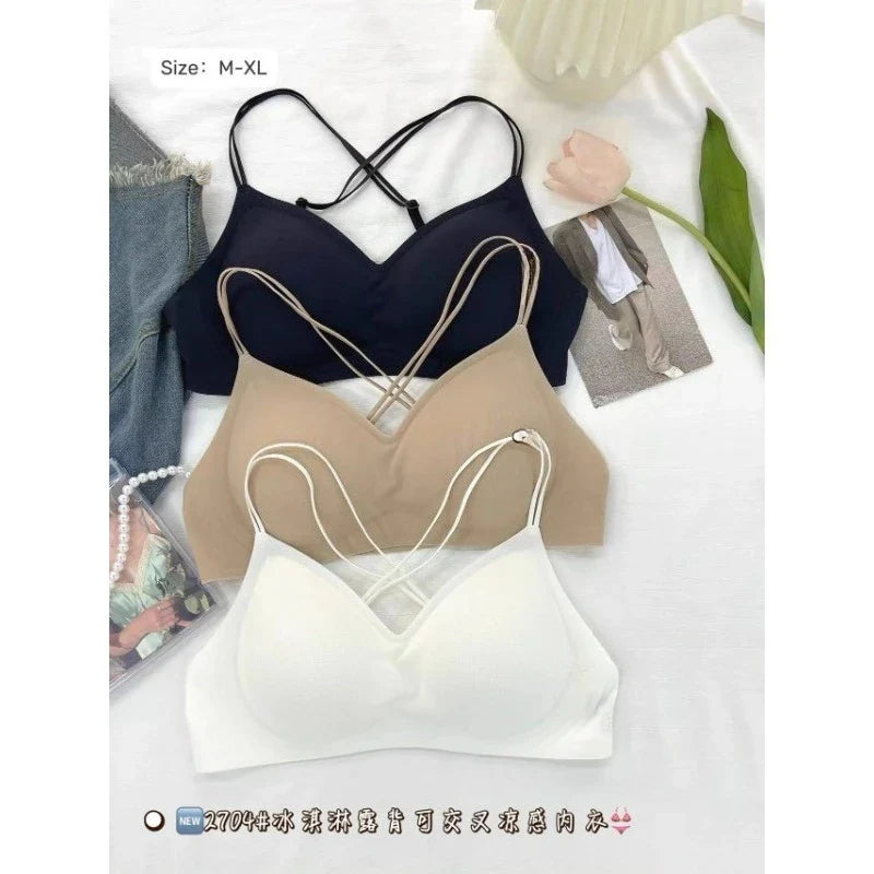 Deep Plunge Lingerie Cross Back Straps Summer Invisible Bralette Thin Cup, Adjustable U Back Support Balconette Bra Cool Comfort