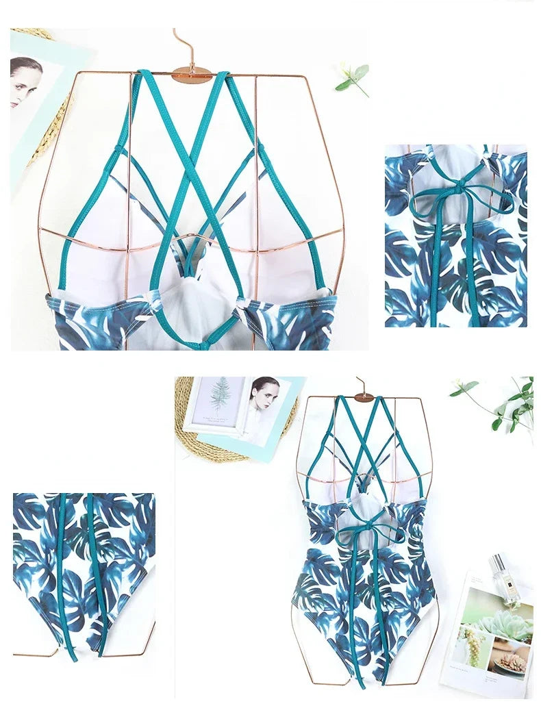 Sexy One Piece Swimsuit Swimwear Women Leaf Print Patchwork Hollow Cross Straps Backless Beachwear Bathing Suit Banadores Mujer