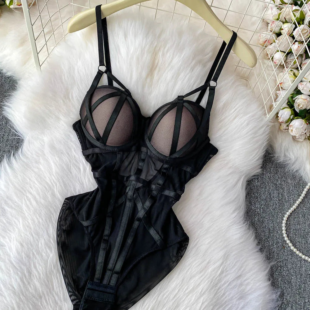 MOYISU Sexy Instagram Viral Bodysuit Women Pure & Sexy Sheer Mesh Halter Push Up Pads Summer Lingerie Euro Style Hot Sale SG