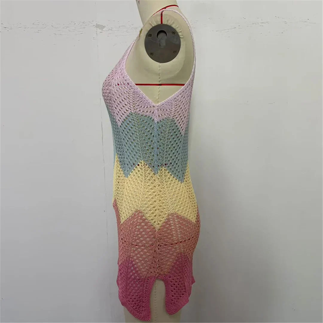 2025 New Colorful Hollow Out Crochet Knitted Tunic Beach Cover Up Cover-ups Beach Dress Beach Wear Beachwear Female Women K6522