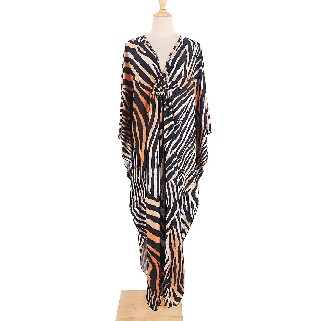 Sexy Zebra Printed V Neck Tunic Beach Cover Up Cover-ups Beach Dress Beach Wear Beachwear Beach Long Dress Female Women V4159