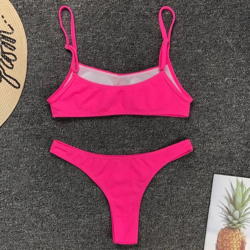 Sexy Neon Yellow Ribbed Brazilian Bikini Women Swimwear Female Swimsuit Two-pieces Bikini Set High Cut Bather Bathing Suit Swim