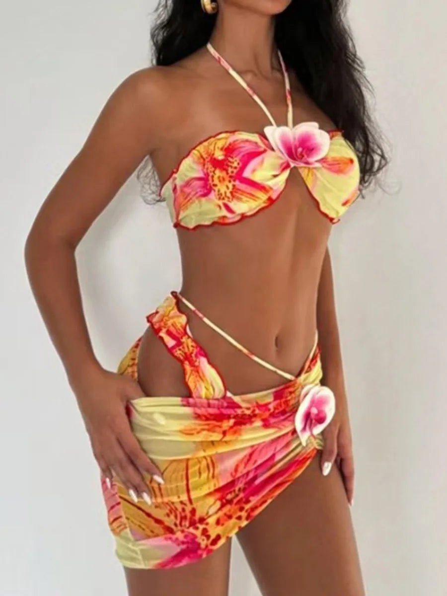 3D Flowers with Mesh Skirt Halter Bandeau Bikini Women Swimsuit Female Swimwear Three-pieces Bikini Set Bathing Suit Beachwear