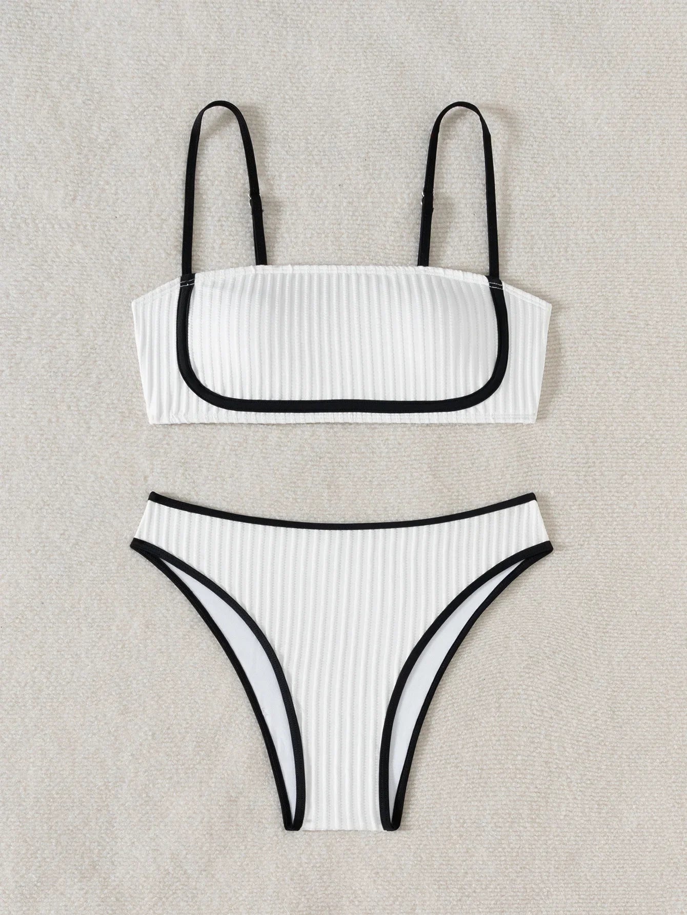 2025 Rib Piping Bandeau High-Rise Bottoms Bikini Set Trendy Beachwear Straight Neckline High Rise Swimwear Swimsuit Bathing Suit