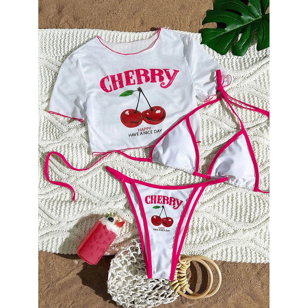 XS -XL Cherry Printed Short Sleeve Bikini Female Swimsuit Women Swimwear Three-pieces Bikini set Bather Bathing Suit Swim V6854
