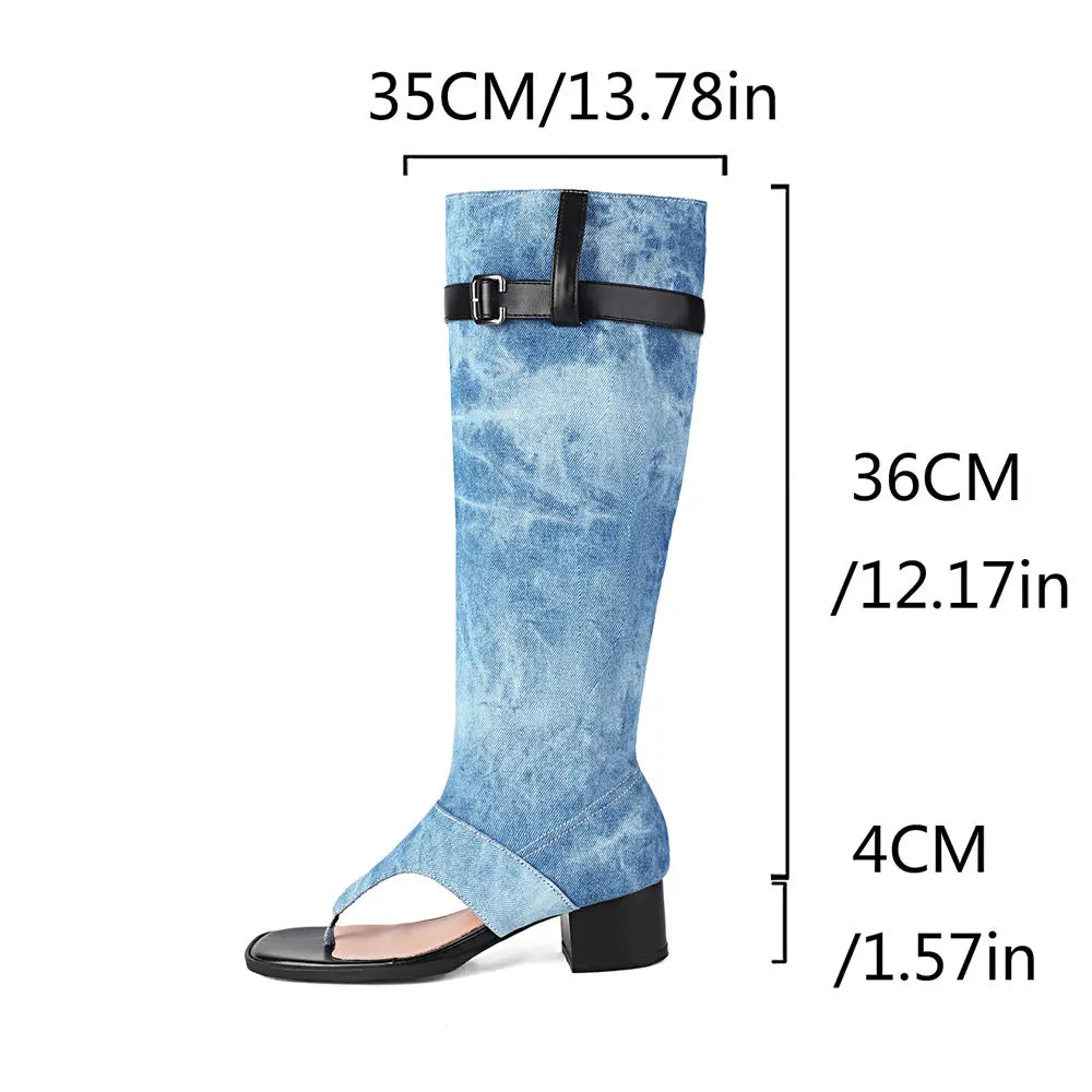 2025 Brand Plus Size 48 Trendy Denim Blue Gladiator Sandals Women Chic Black Chunky Heels  Fashion Comfy Walk Summer Boot Shoes