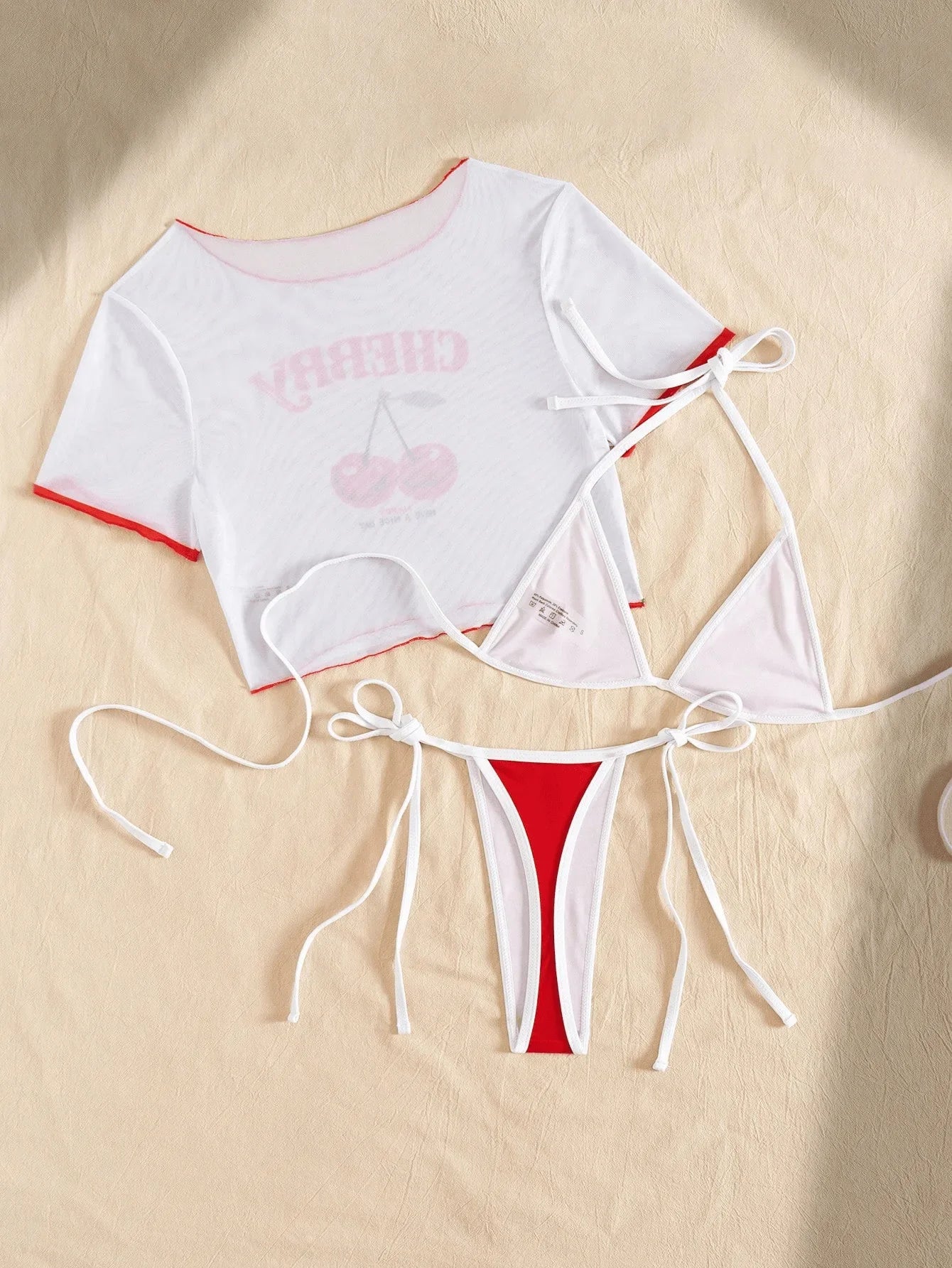 Cherry Print Mesh Short Sleeve Bikini Female Swimsuit Women Swimwear Three-pieces Bikini Set Micro Bathing Suit Swim Beachwear