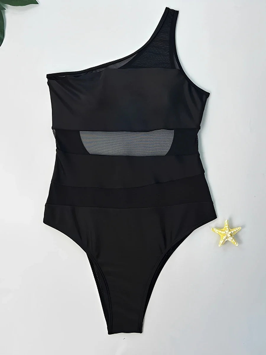 2026 Mesh Swimsuit Women One Piece Shoulder Padded Swimwear Female Sexy Bathers Bathing Swimming Swim Suit Beachwear XL