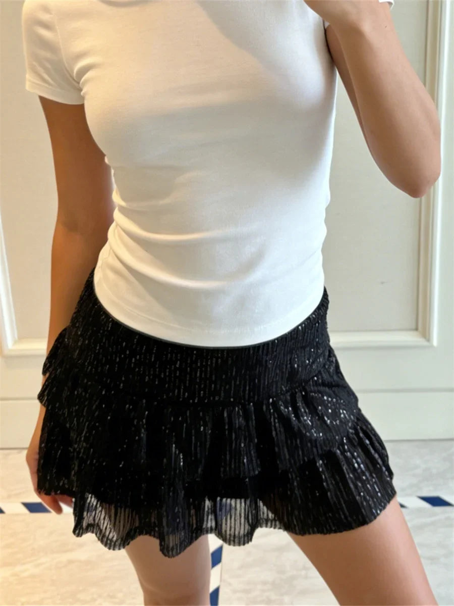 Fashion Women Mini Skirt Elastic Waist Sequins Layered A-Line Skirt for Party Club Vacation Streetwear Summer