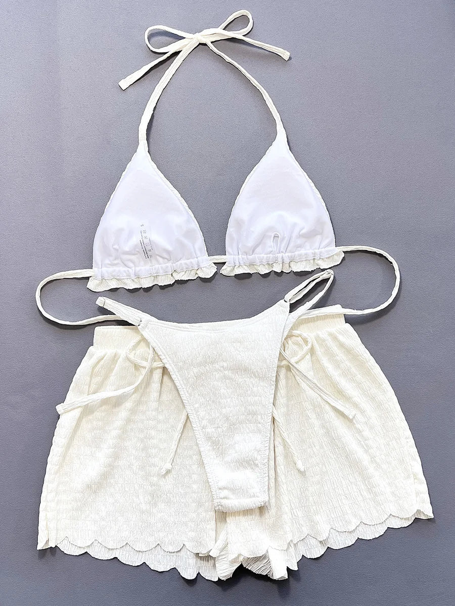 Ruffled Firlled Halter Bikini Women Swimwear Female Swimsuit Three-pieces Bikini Set with Shorts Bathing Suit Swim Beachwear