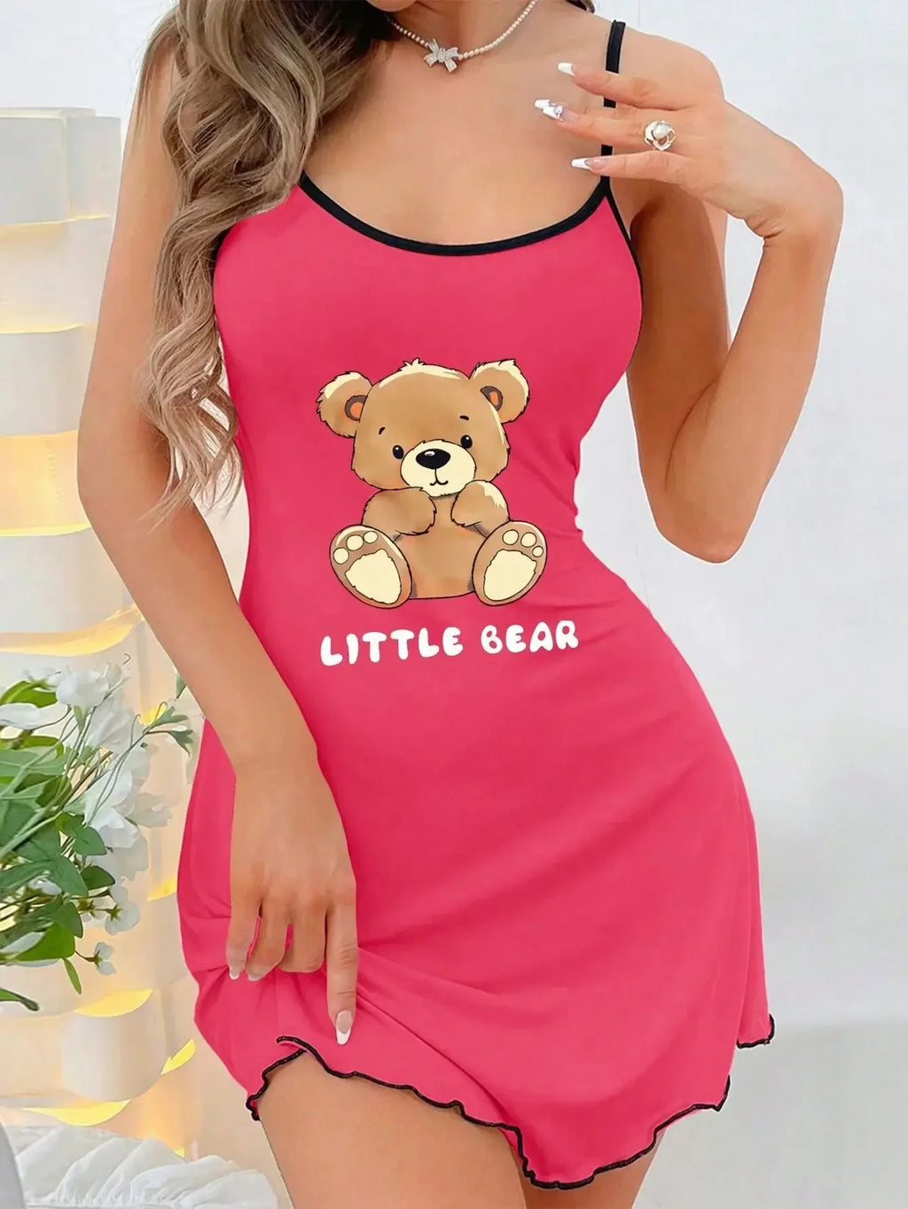 Women Summer Sleepwear Littler Bear Printed Suspenders Mini Dress Comfortable Home Leisure Sexy Nightgowns Nightdress
