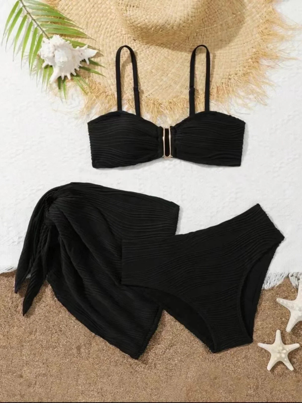 Sexy Black Beige Mesh Skirt 3 Piece Bikini Set 2025 Women Summer Metal U Wire Push Up Swimwear Bathing Suit Holiday Swimsuit