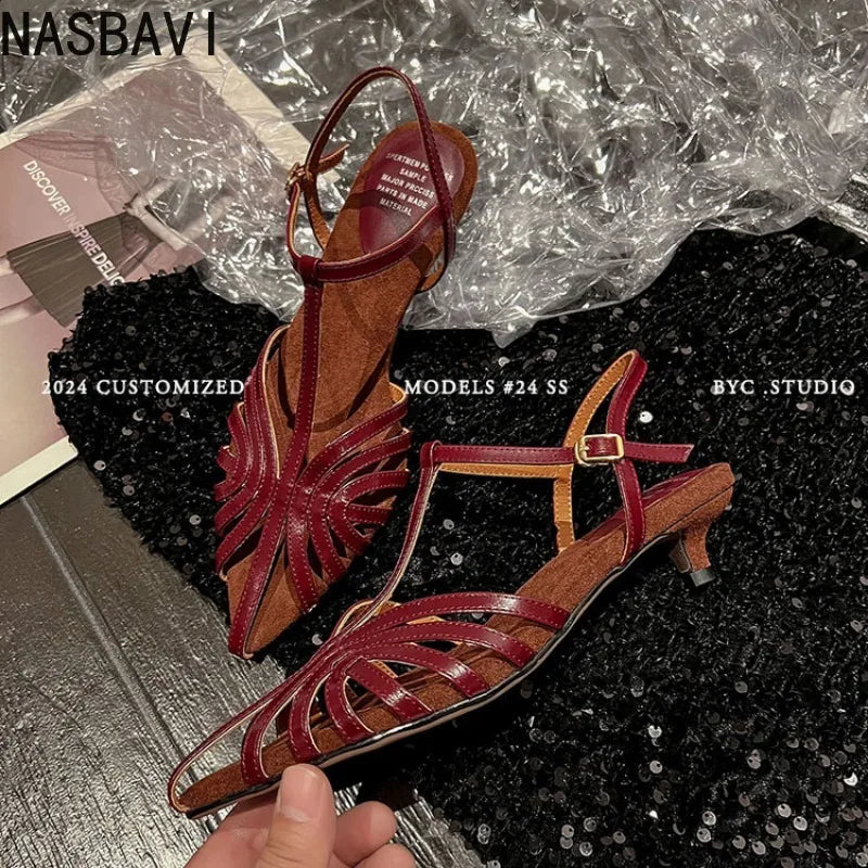 NASBAVI Designer Sandals Women Shoes Narrow Band Sexy Sandals Kitten Heels Pointed Toe Ladies Concise Footwear Summer Red Shoes