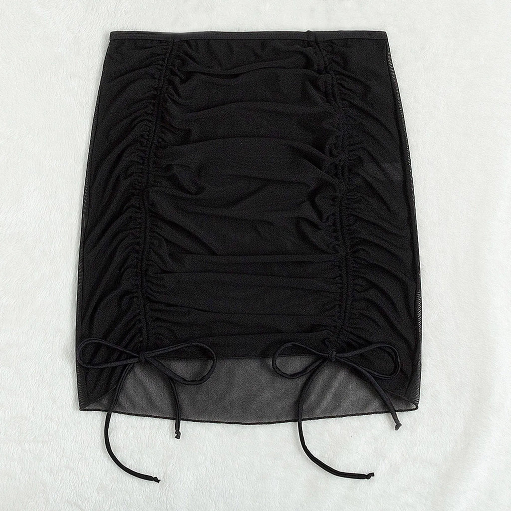 Mesh Sheer Beach Cover Up Skirt Women Ruffle Ruched Swim Skirt With Drawstring Bathing Suit Bikini Beach Dress Sarong Beachwear