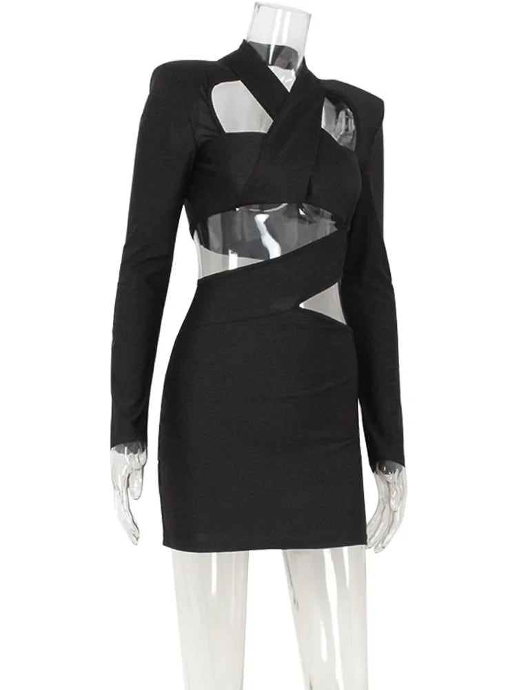 Ahagaga Sexy Club Women's Mini Dresses Solid Hollow Out V-Neck Regular Long Sleeves Sheath Bodycon Slim Fit Streetwear Vestidos