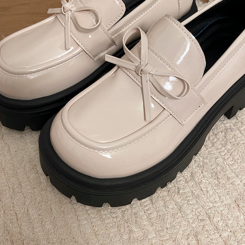 2025 Bowknot Decor Platform Loafers Women Fashion High Heel Jk Pu Leather Shoes Woman Korean Slip On Thick Sole Shoes Female