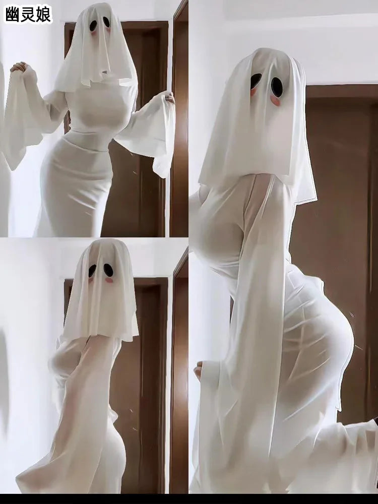 Sexy Ghost Costume for Women, White Gothic Dress, Ghost Cosplay Outfit, Halloween Party Dress, Elegant Scary Boo Lady Costume