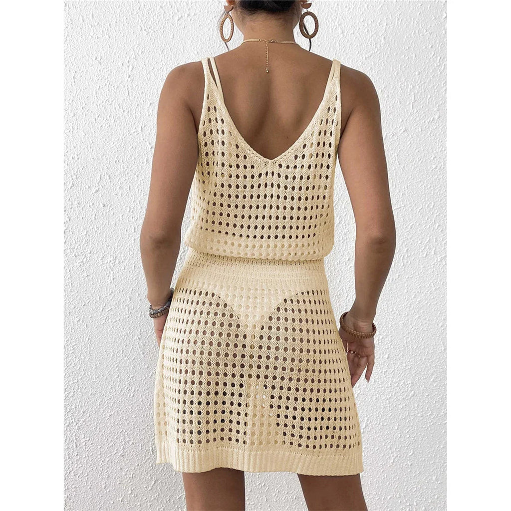 S - XL V Neck Hollow Out Crochet Knitted Tunic Beach Cover Up Cover-ups Beach Dress Mini Beach Wear Beachwear Female Women V7048