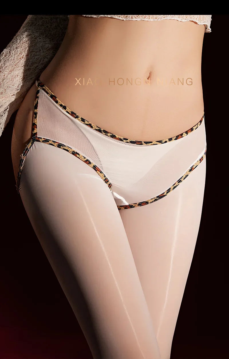 Leopard Print Panties With Integrated Stockings Sexy Hollow Lace Pantyhose With Bow And Bell Black Silk Smooth Pure Desire 6Z3F