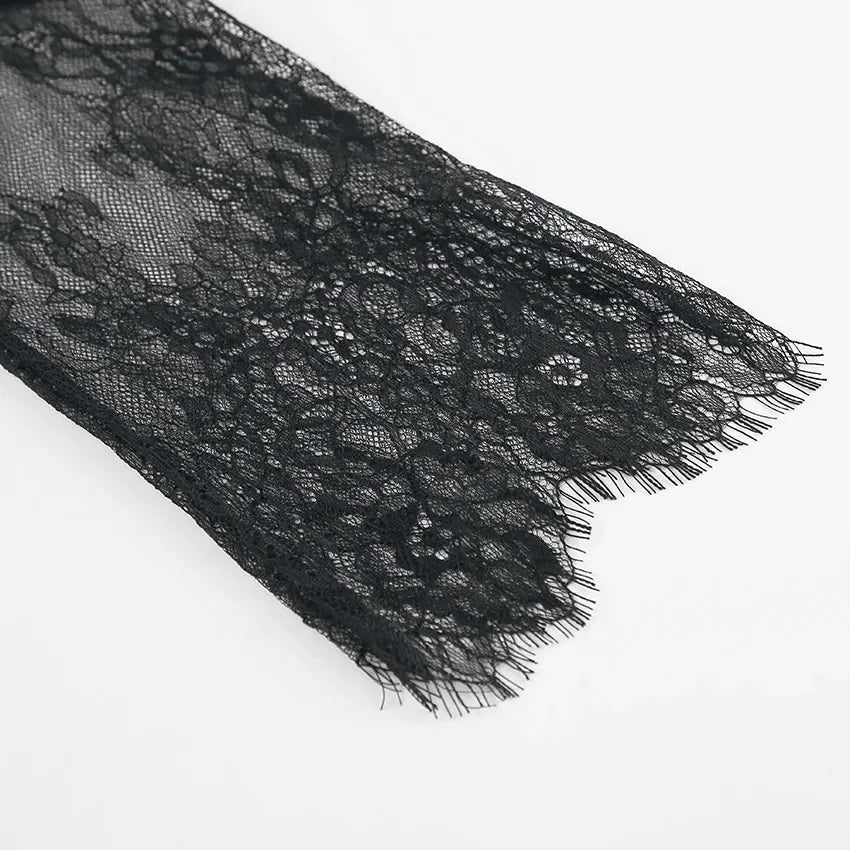 Woman Clothing 2026 O-neck Hollow Out High Slit Long Maxi Lace Dress Black Streetwear Ladies See-through Black T-shirt Dresses