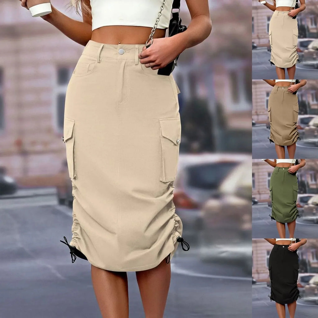 Womens Cargo Midi Skirt High Waist Multi Pocket Pencil Skirt Side Drawstring Ruched Split Hem Bodycon Summer Skirts Streetwear