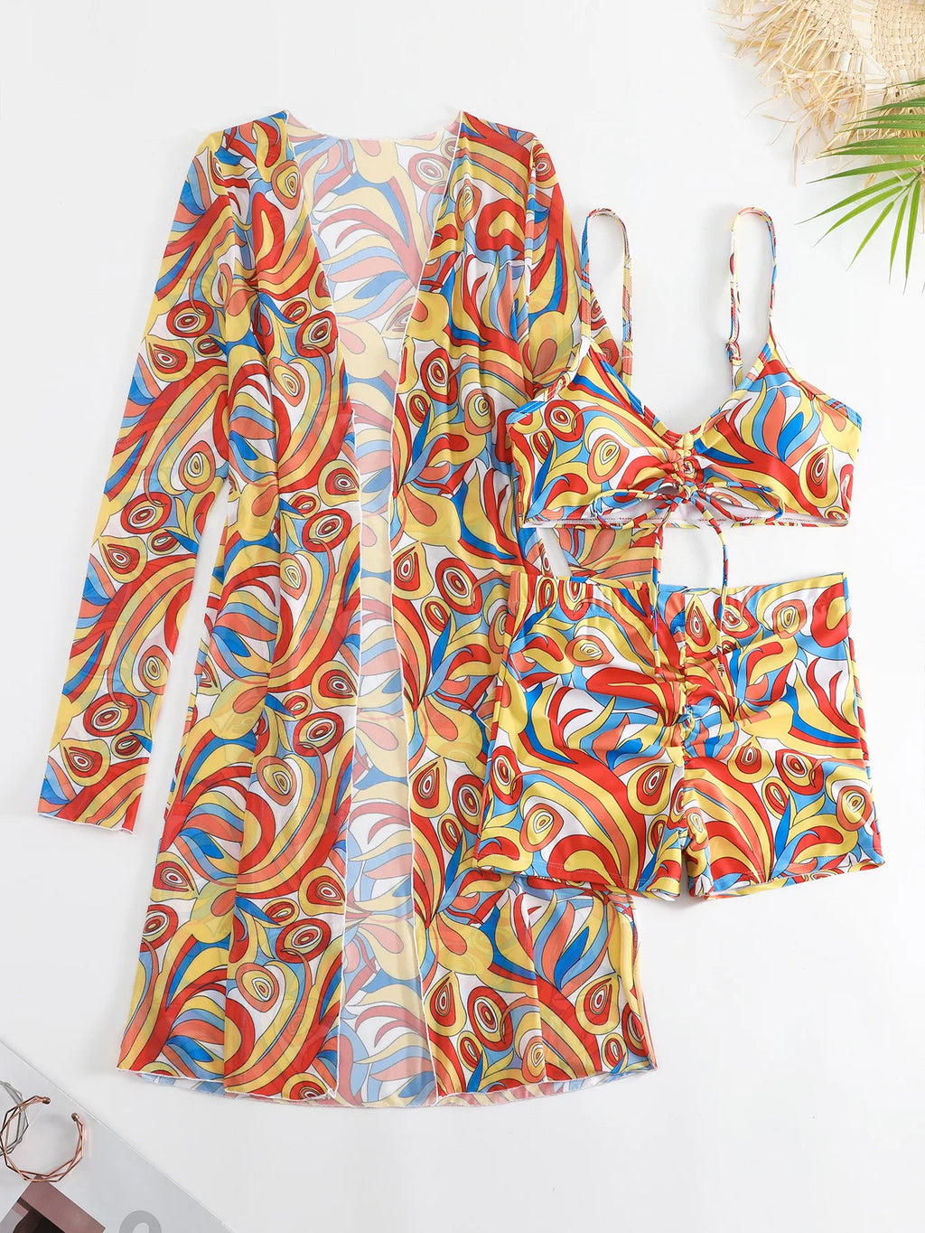 New Sexy 3 Pieces Suit for Women Neck Hanging Bikini Set+Cover-up Swimwear Sunproof Tankini High Waist Shorts Swimsuit Beachwear