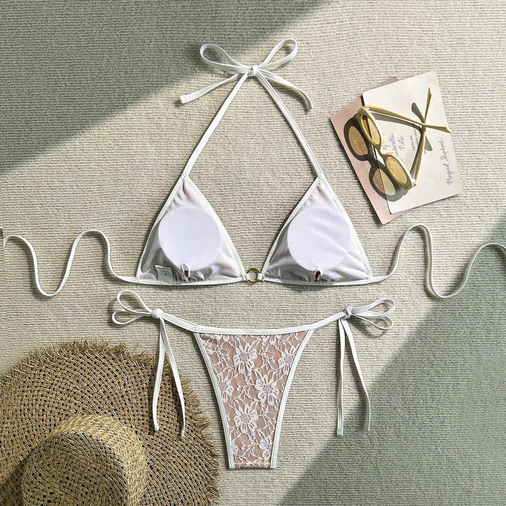Embroidery Mesh Lace Halter Bikini Female Swimsuit Women Swimwear Two-pieces Bikini Set High Cut Bathing Suit Swim Beach Wear