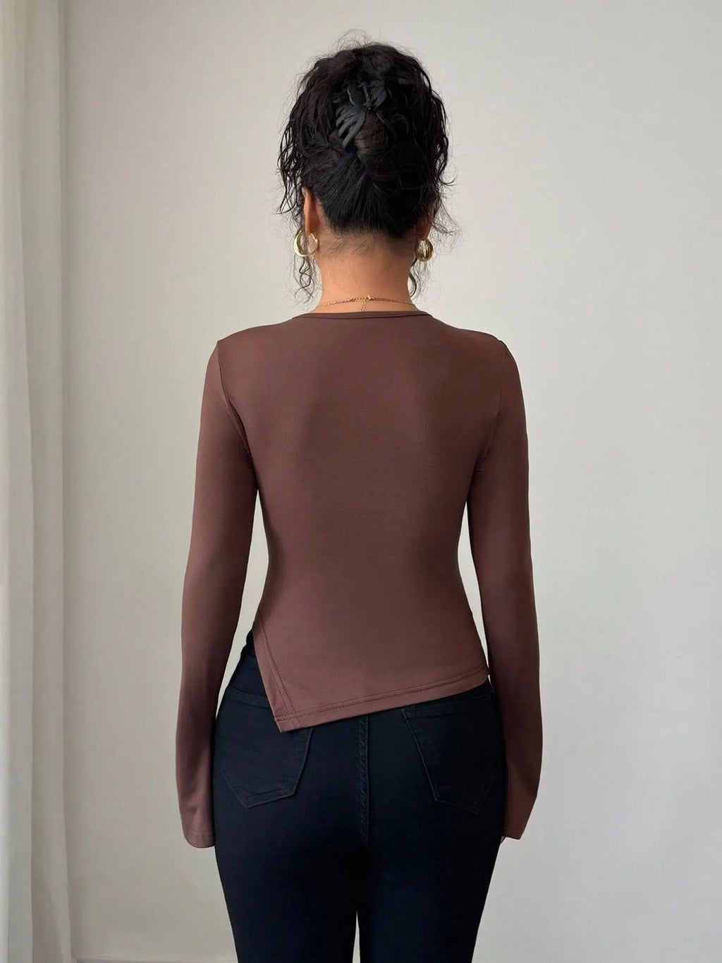 Autumn and winter inner asymmetrical hollow metal decoration slim fit daily outer top