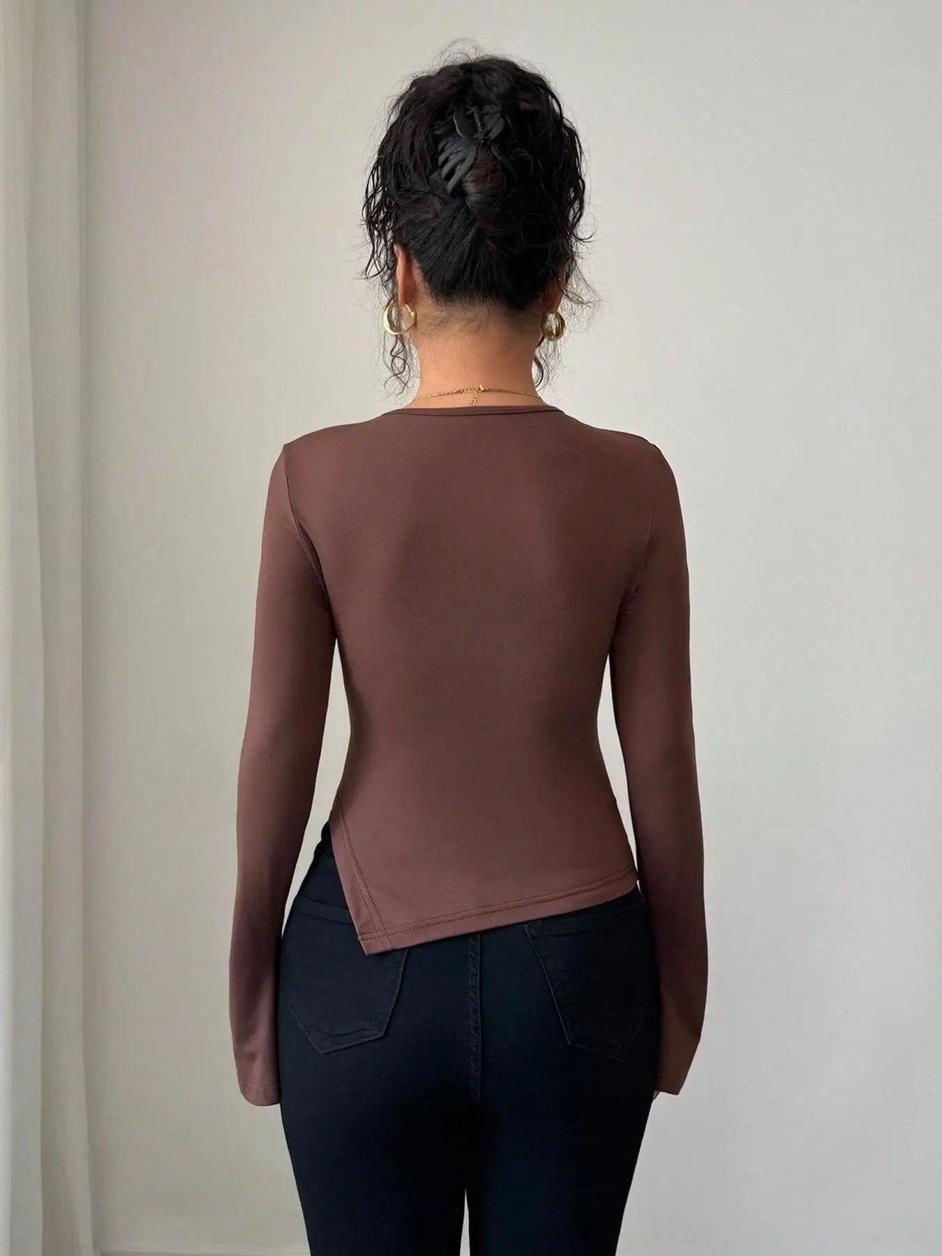 Autumn and winter inner asymmetrical hollow metal decoration slim fit daily outer top