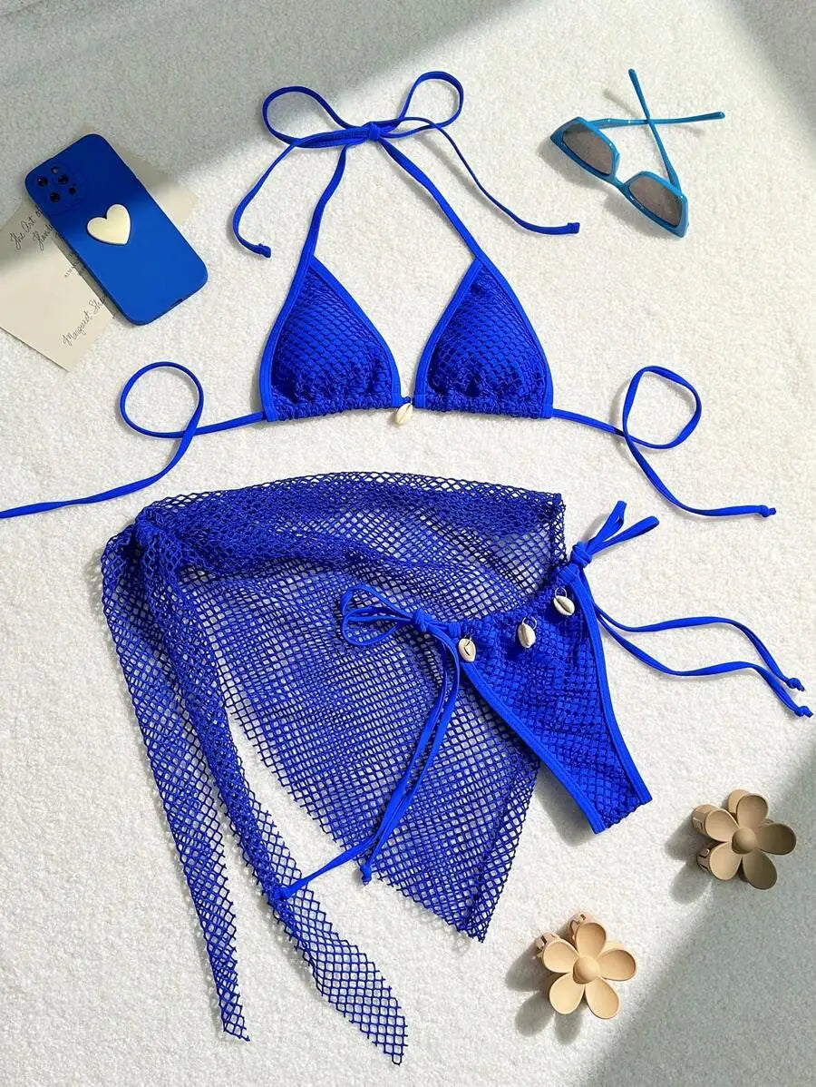 Women mesh micro mini string bikini sets 3pcs with cover skirt shell pendant swimsuit bathing suit beach outfits biquini tankini