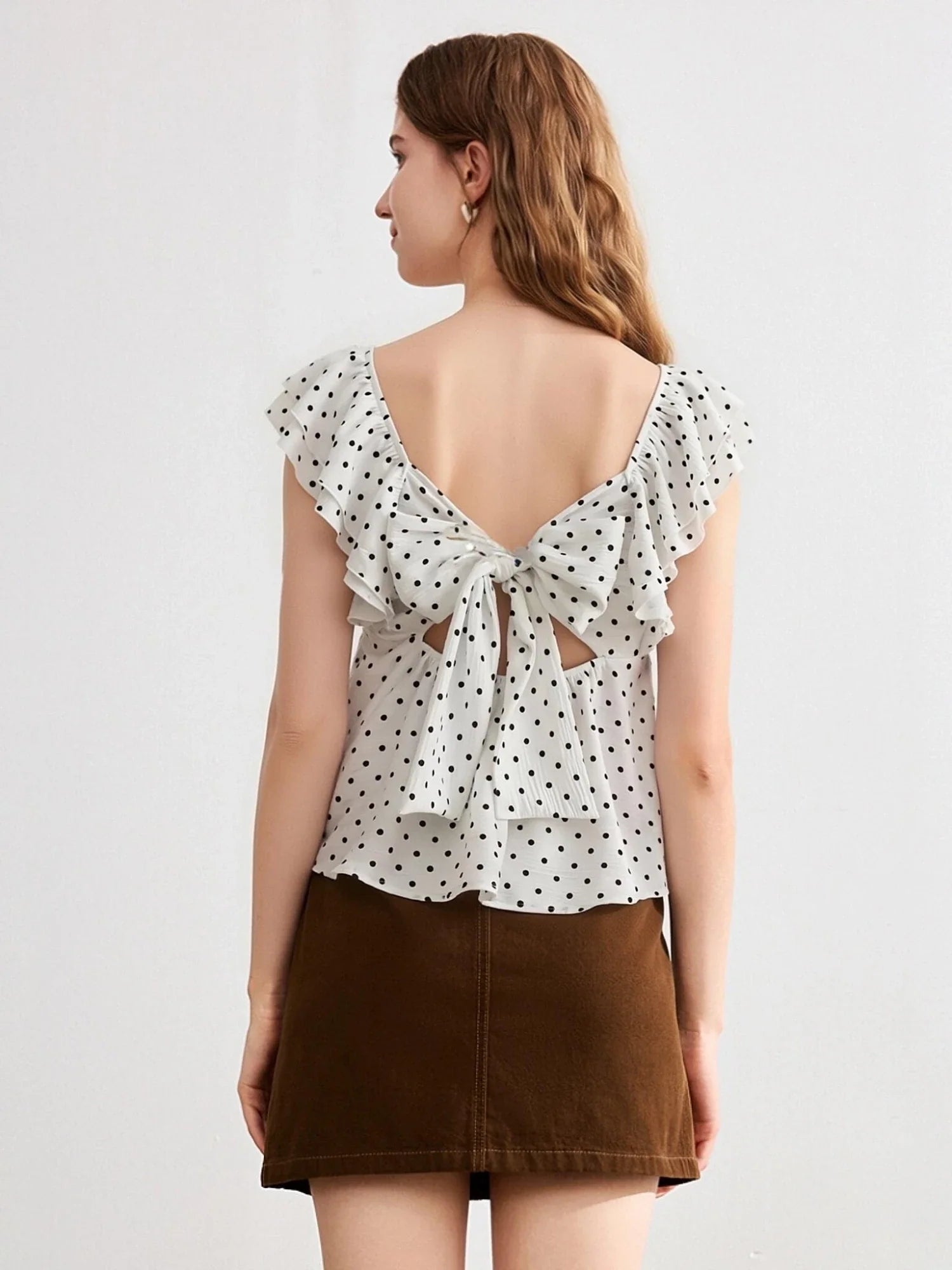 Women's Summer Tiered Cap Sleeve Crop Tops Dot Print V-Neck Cute Back Bow Babydoll Tee
